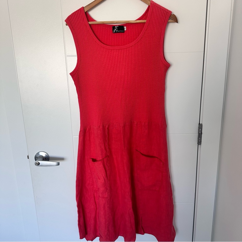 Fenini Linen Mixed Media Ribbed Knit Tank Dress Pockets